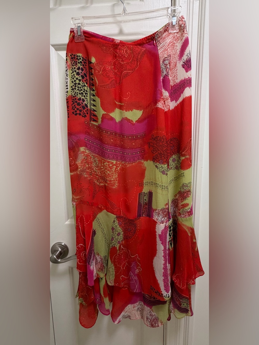 Flowing Red Multi-Print Maxi Skirt with Pink & Green Accents
